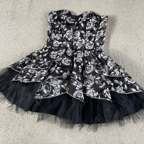 🔥Y2K Romantic Rose Print Sequin Tulle Strapless Goth Fairy Peplum Party Dress - Picture 10 of 16